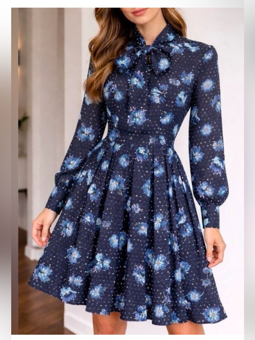 Gracia Navy Blue Floral Tie-Neck Long Sleeve Dress with belt   NWT